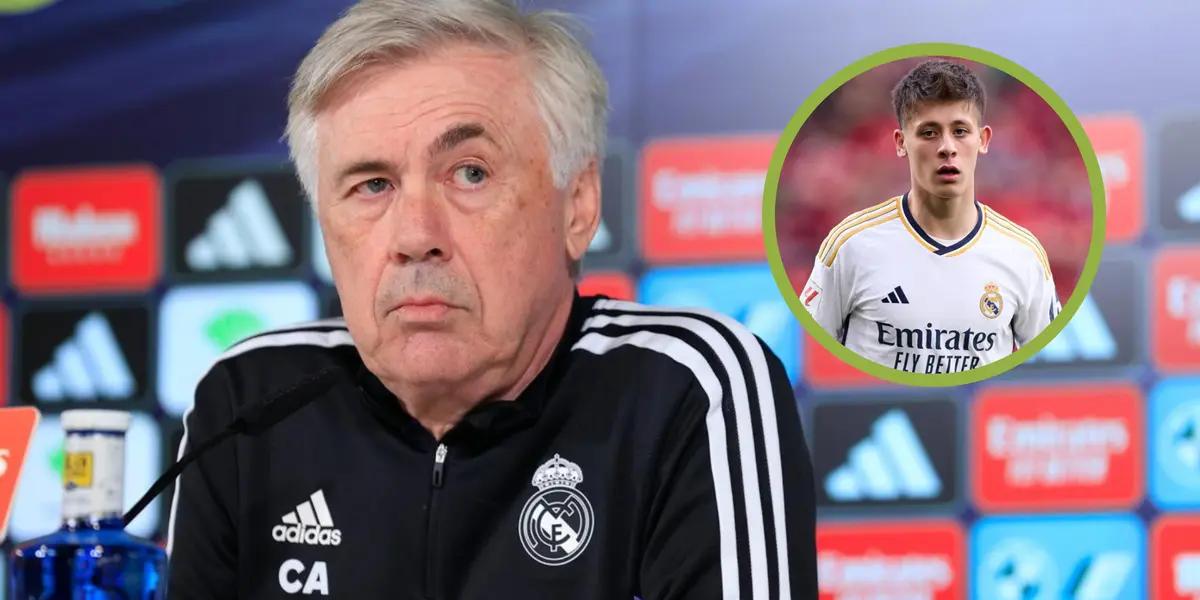 Ancelotti en rueda de prensa y Arda Güler con la camiseta del Real Madrid.