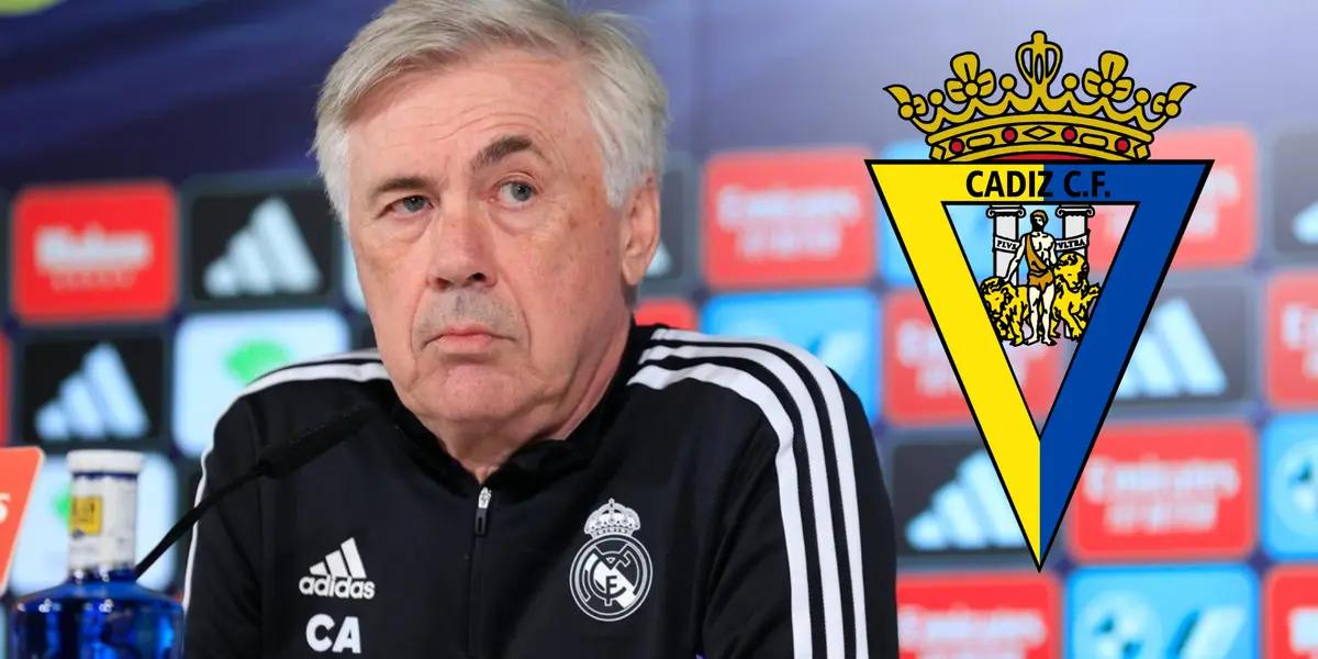 Ancelotti serio y el escudo del Cádiz