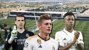 Andriy Lunin, Toni Kroos y Vinicius del Real Madrid