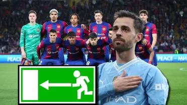 Bernardo Silva del Manchester City y jugadores del FC Barcelona