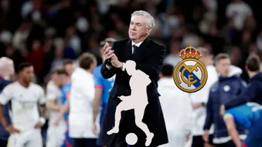 Carlo Ancelotti claps and smiles while a mystery player has the ball; the Real Madrid badge is next to them.