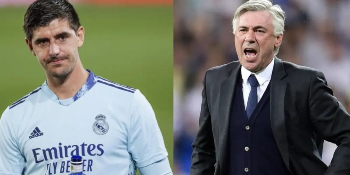 Carlo Ancelotti y Thibaut Courtois, del Real Madrid