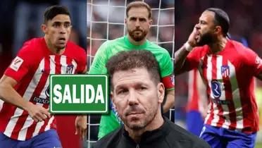 Diego Simeone, entrenador del Atlético de Madrid, y tres de sus jugadores