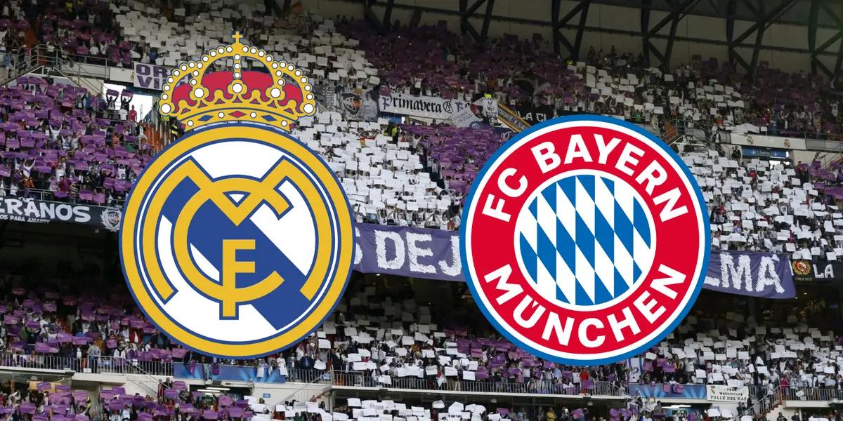 El Santiago Bernabéu de fondo, con los escudos del Real Madrid y el Bayern Múnich por delante.