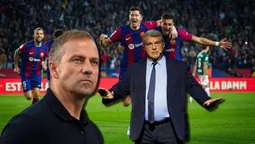 Hansi Flick, entrenador del FC Barcelona, y Joan Laporta