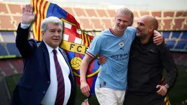 Joan Laporta, presidente del FC Barcelona, y Pep Guardiola con Erling Haaland