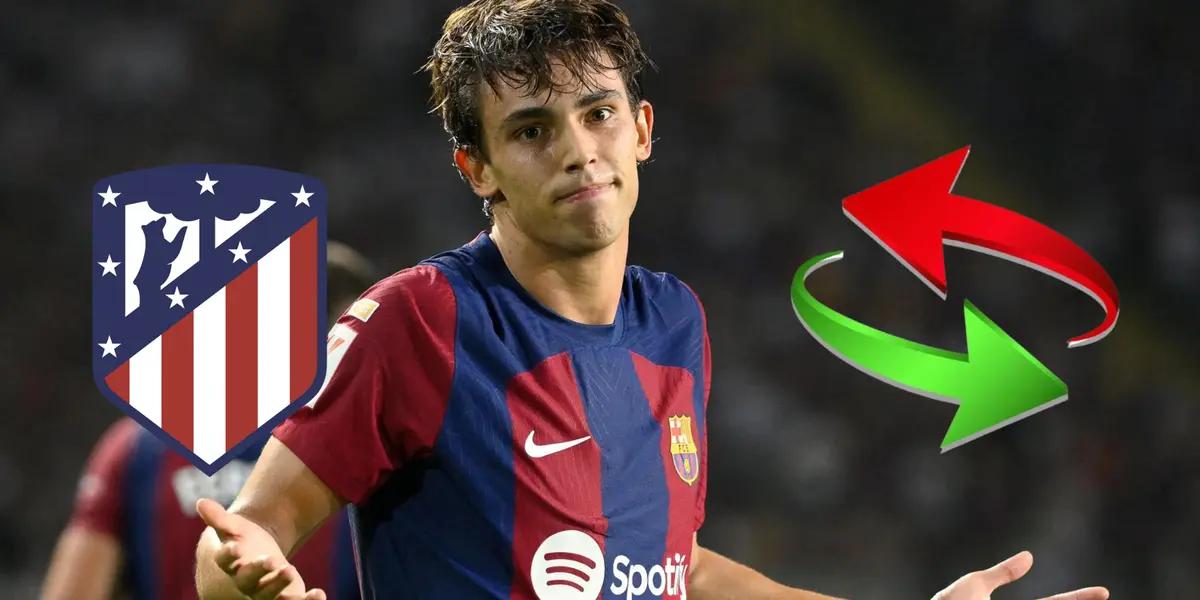 Joao Félix con la camiseta del FC Barcelona, a su derecha el escudo del Atlético de Madrid y a su izquierda flechas de intercambio.