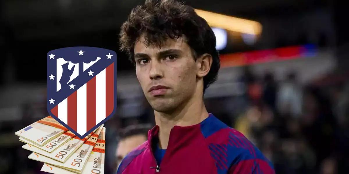 Joao Félix serio, junto a euros y el escudo del Atlético de Madrid.