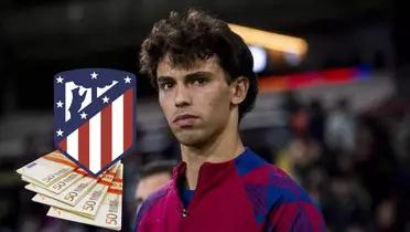 Joao Félix serio, junto a euros y el escudo del Atlético de Madrid.