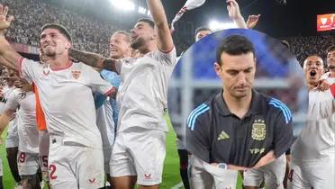 Jugadores de Sevilla y Lionel Scaloni. Foto: redes de AFA y Sevilla.