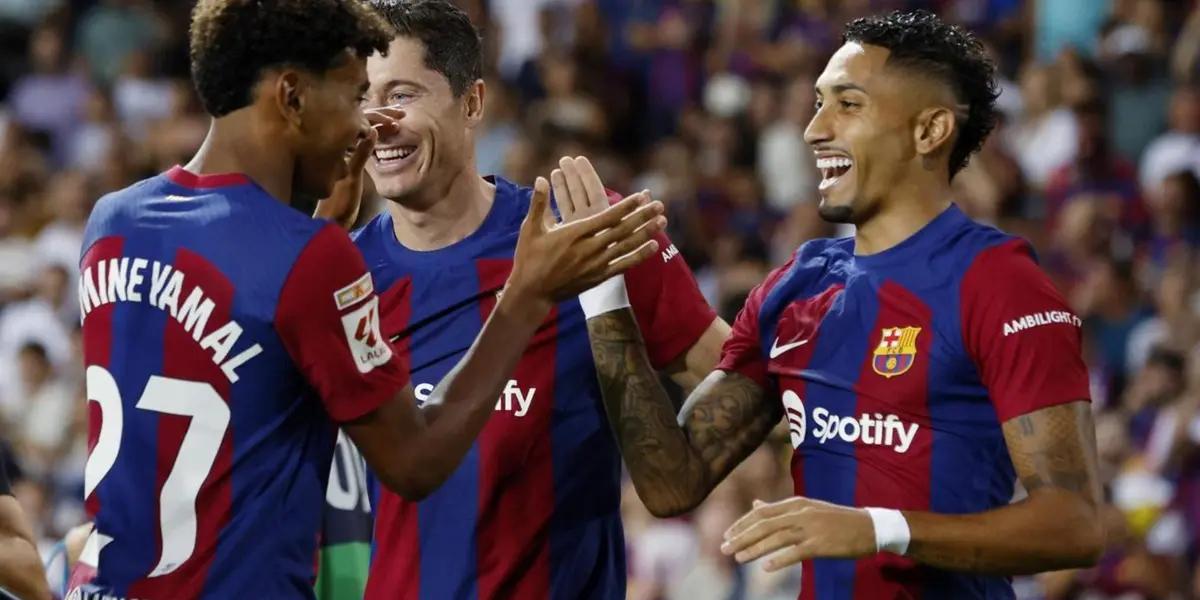 Lamine Yamal y Raphinha en el FC Barcelona, celebrando un gol