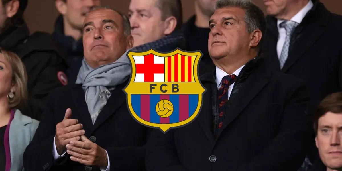 Laporta en el estadio de Montjuic y el escudo del FC Barcelona.