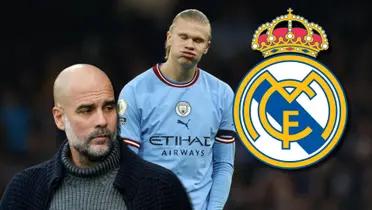 Pep Guardiola con Erling Haaland, del Manchester City