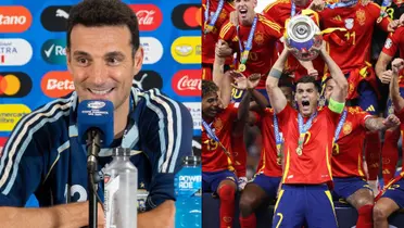 Scaloni en rueda de prensa y Álvaro Morata levanta el trofeo de campeón. (Foto: collage)