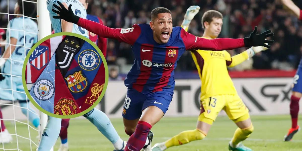 Vitor Roque festejando un gol con el Barcelona, dentro del círculo camisetas de grandes clubes europeos.