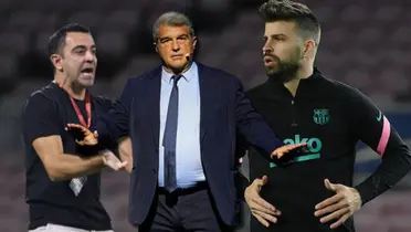 Xavi Hernández, Gerard Piqué y Joan Laporta del FC Barcelona