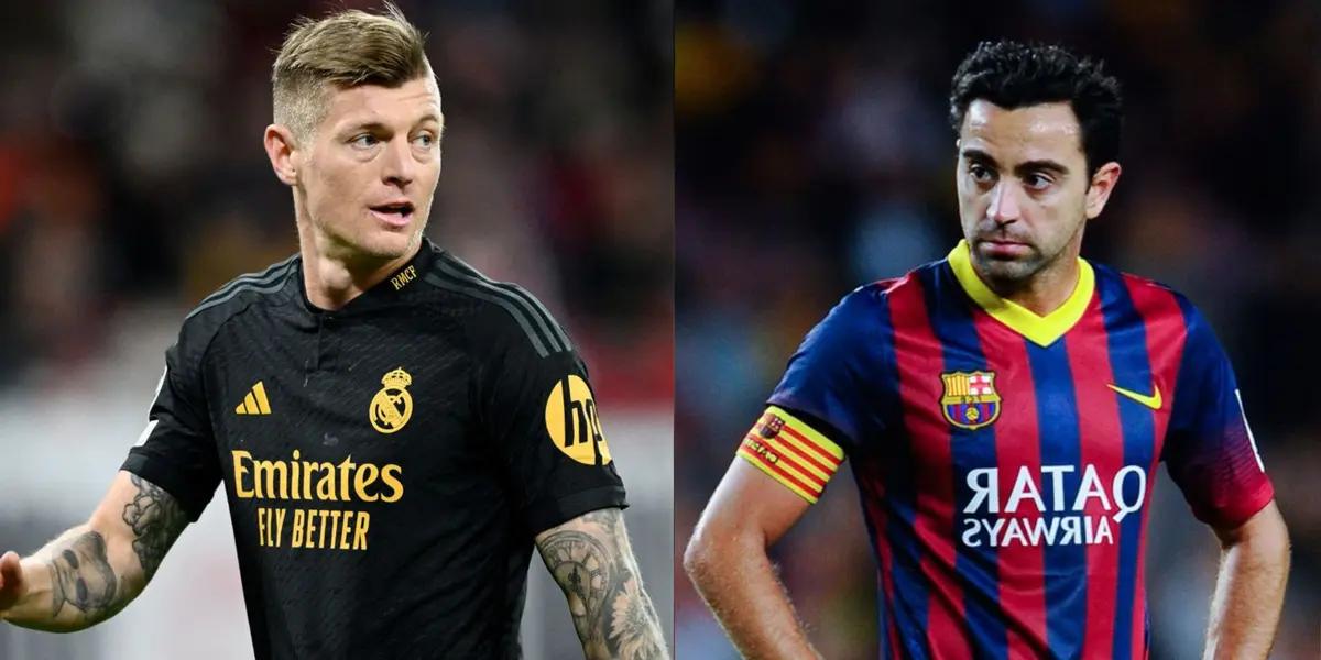 A la izquierda, Kroos con la camiseta del Real Madrid, a la derecha Xavi con la del Barça