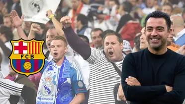 Afición del Madrid enfurecida. Xavi Hernández feliz y escudo del FC Barcelona.