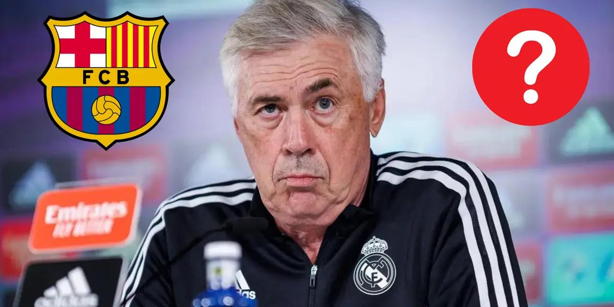 Ancelotti preocupado en conferencia de prensa. De fondo, logo del FC Barcelona y signo de interrogación.