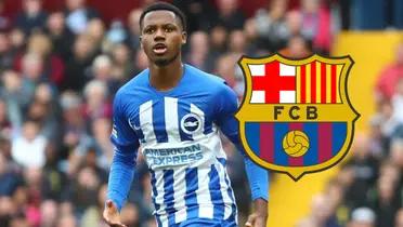 Ansu Fati con la camiseta de Brighton y el escudo del Barcelona.