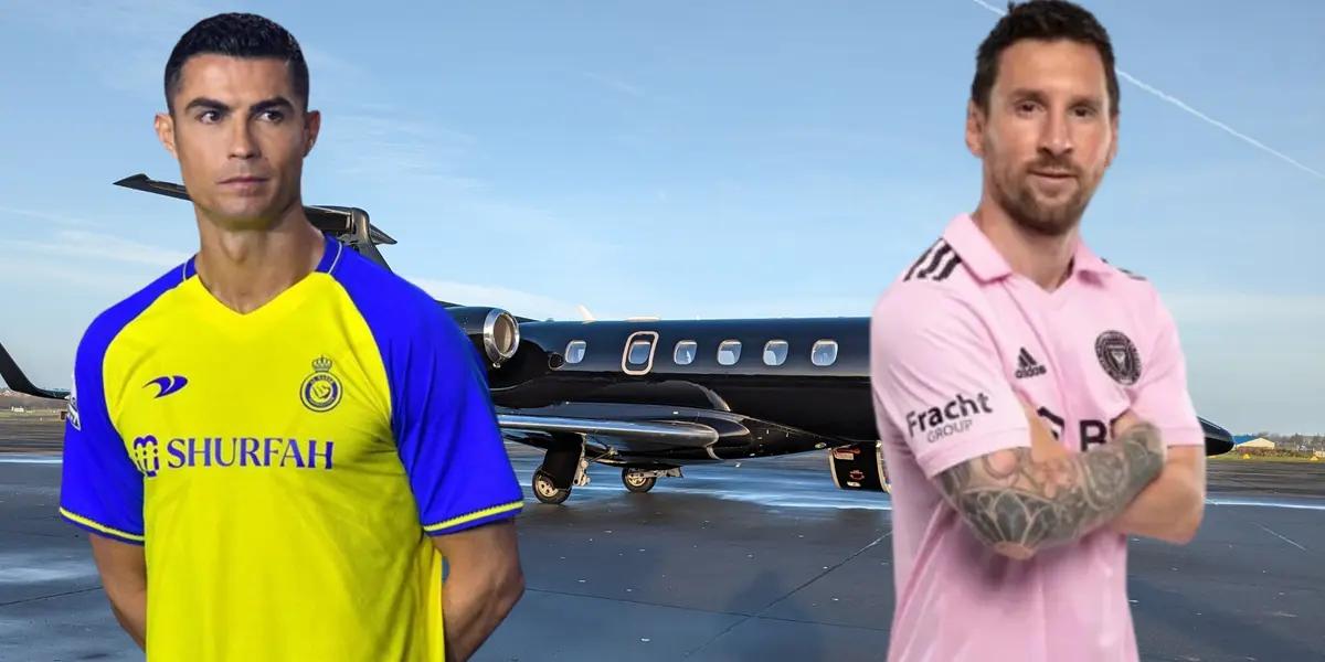 Avión privado de fondo. Cristiano Ronaldo con la camiseta del Al-Nasrr y Lionel Messi con la de Inter Miami