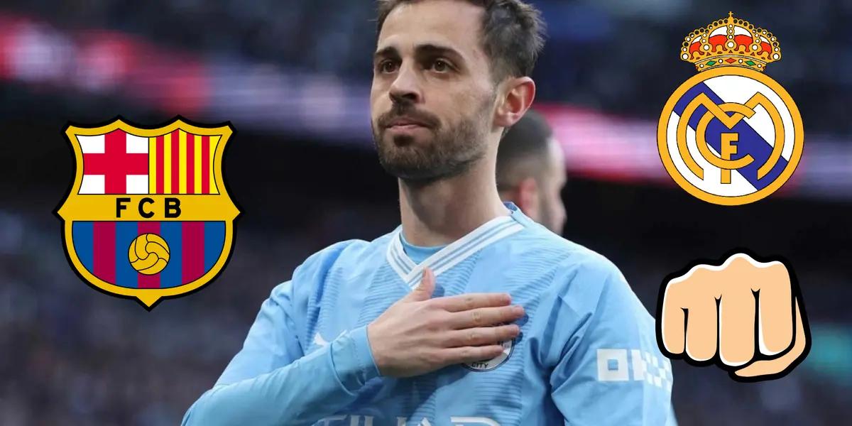 Bernardo Silva en Manchester City, escudo del Barcelona de un lado, escudo del Real Madrid y un puño cerrado del otro.