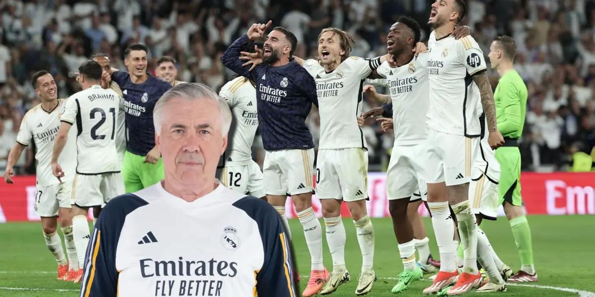 Carlo Ancelotti, entrenador del Real Madrid, y jugadores festejando en el Bernabéu