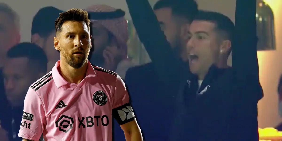 Cristiano Ronaldo celebró el tanto de Laporte desde mitad de cancha, y mira la reacción de Lionel Messi