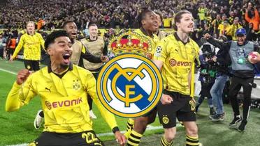 Dortmund festejando y el escudo del Real Madrid.