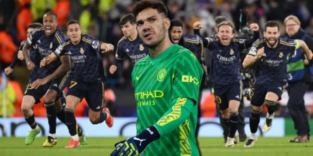 Ederson, portero del Manchester City, y los jugadores del Real Madrid