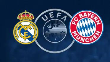El logo de la UEFA junto a los escudos del Real Madrid y Bayern Múnich.