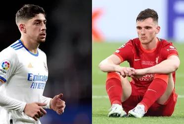 En plena celebración, el uruguayo del Real Madrid se burló del lateral izquierdo del Liverpool