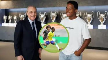 Endrick junto a Florentino Pérez, ambos sonrientes.