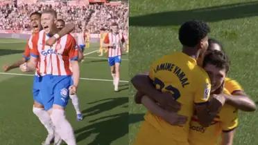 FC Barcelona y Girona festejando sus respectivos goles