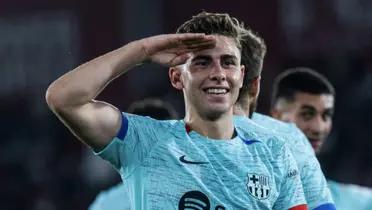 Fermín López celebra su gol para el 1-0 del Barcelona ante Almería.