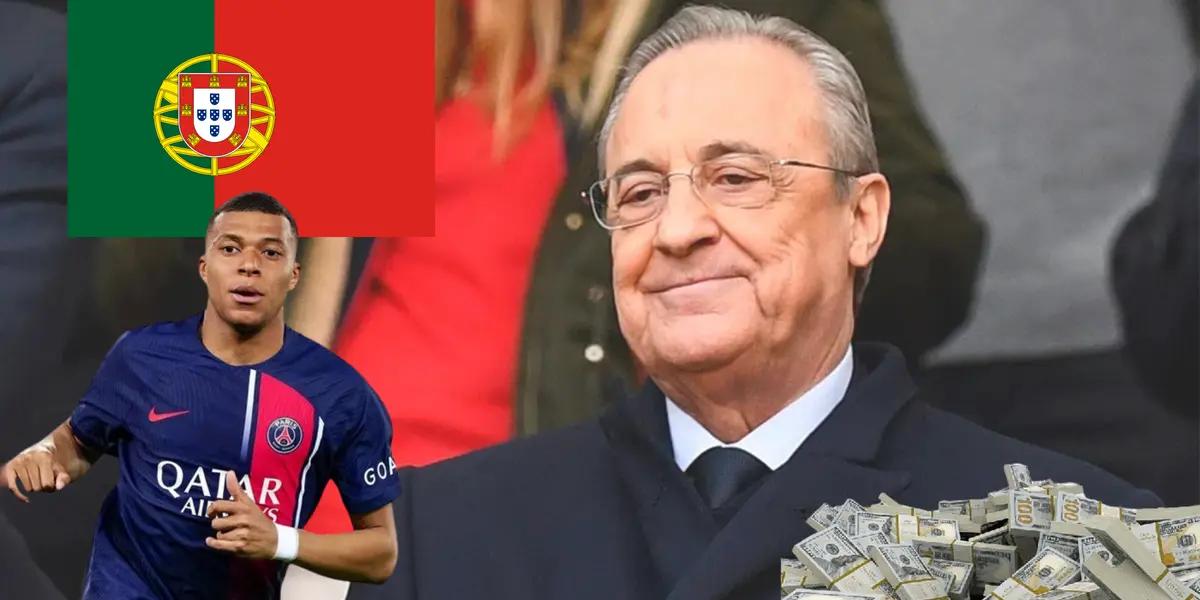 Florentino Pérez feliz. En un costado Kylian Mbappé y la bandera de Portugal, del otro mucho dinero.