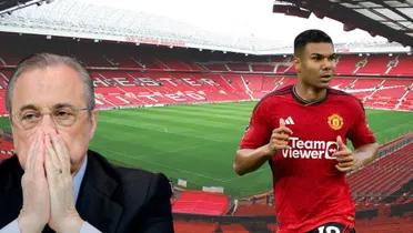 Florentino Pérez lamentándose, Casemiro con la camiseta del Manchester United, de fondo Old Trafford.