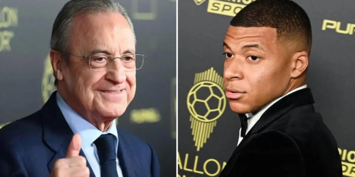 Florentino Pérez sonriente y Mbappé posa para las cámaras, ambos en la última gala del Balón de Oro.