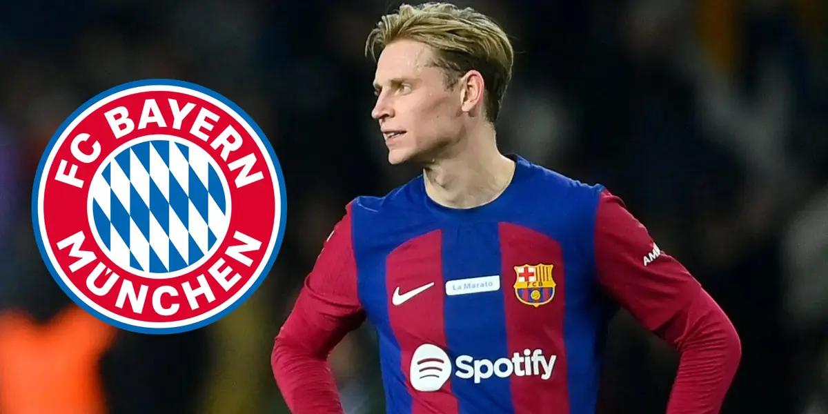 Frenkie De Jong con la camiseta del FC Barcelona, a su lado el escudo del Bayern Múnich.
