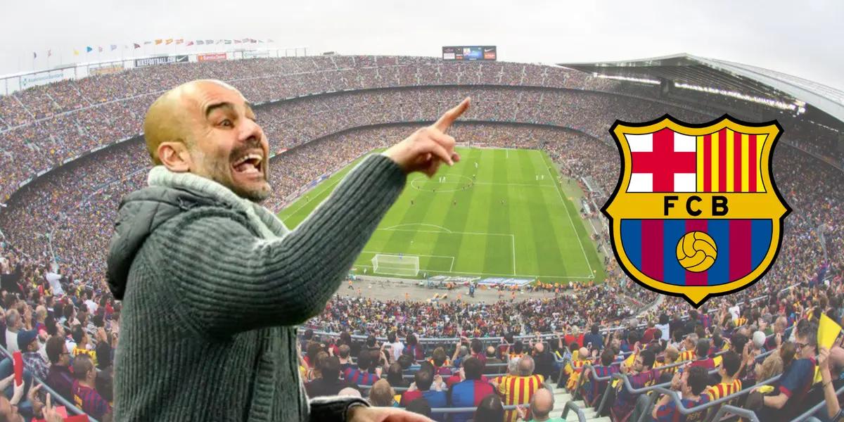 Guardiola dando indicaciones, escudo del FC Barcelona. De fondo el Camp Nou.