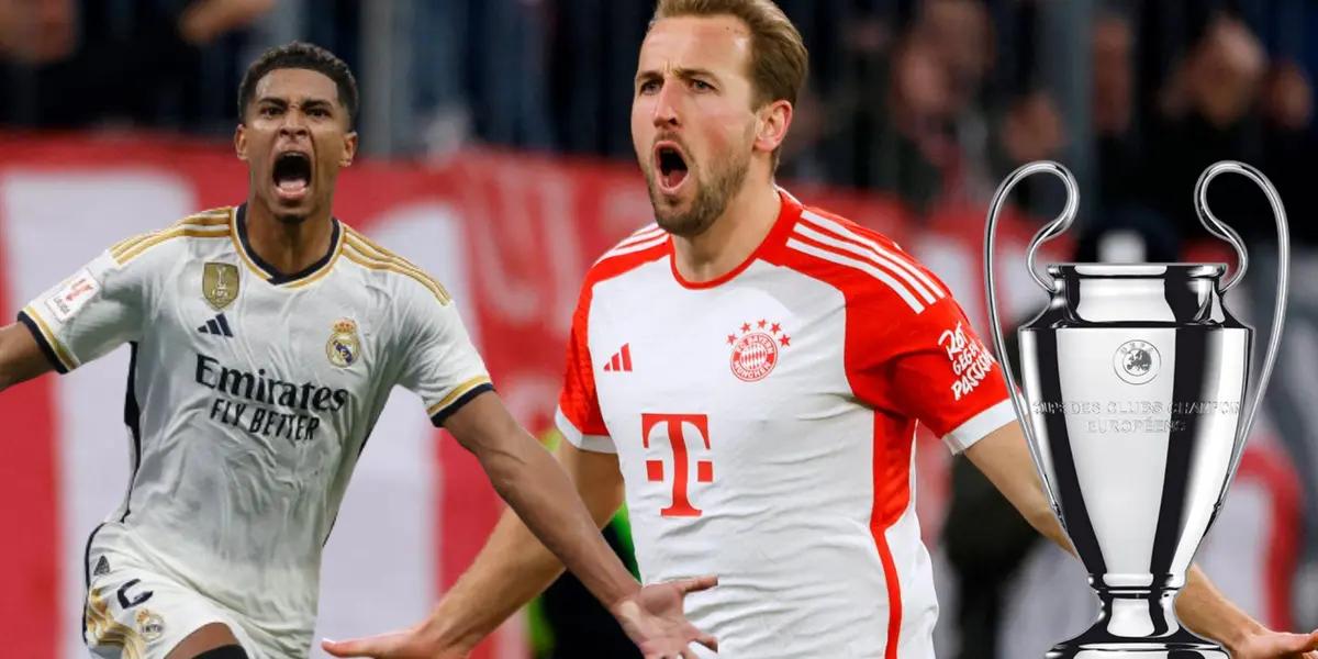 Harry Kane celebrando, imagen de Jude Bellingham gritando y trofeo de Champions League.