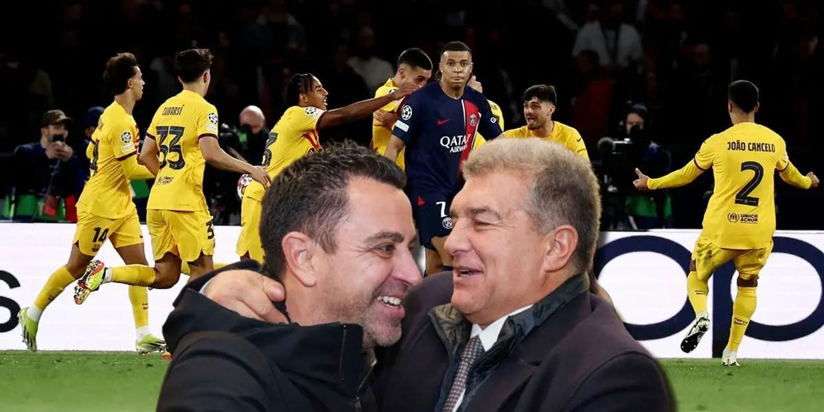Joan Laporta abrazando a Xavi Hernández, entrenador del FC Barcelona
