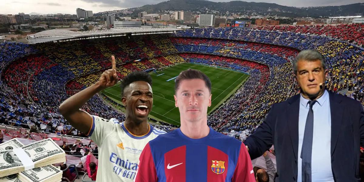 Joan Laporta con un gesto de tranquilidad. Robert Lewandowski y Vinicius en el centro. Camp Nou de fondo