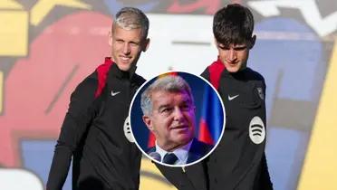 Joan Laporta - Dani Olmo - Pau Victor (Foto: X)