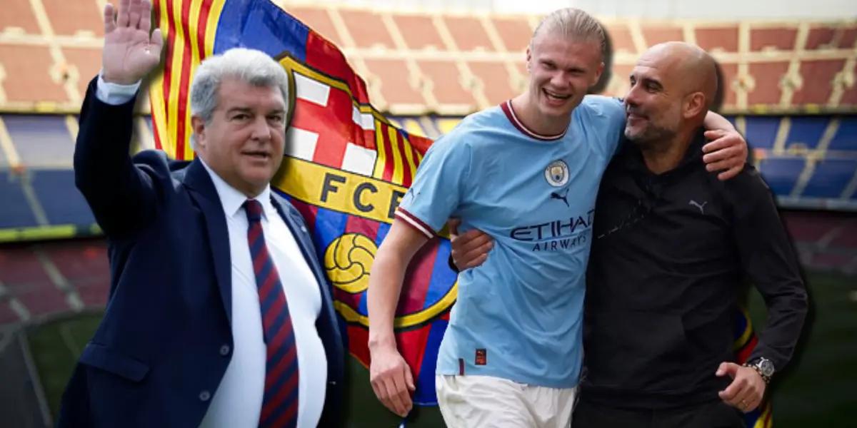 Joan Laporta, presidente del FC Barcelona, y Pep Guardiola con Erling Haaland