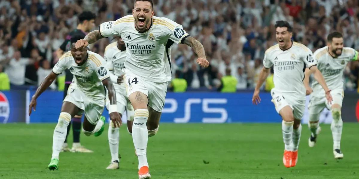 Joselu festejando su segundo gol ante Bayern con la camiseta del Real Madrid.