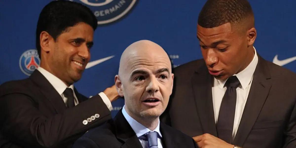 Kylian Mbappé, Nasser Al-Khelaifi y Gianni Infantino