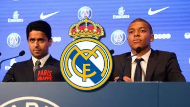Kylian Mbappé y Nasser Al-Khelaifi en rueda de prensa en el PSG