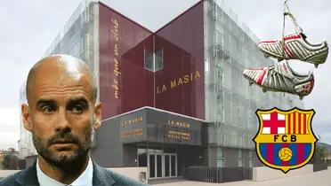 La Masía de Fondo. Pep Guardiola preocupado, botines colgados y escudo del FC Barcelona