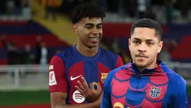 Lamine Yamal festeja con el FC Barcelona y Vitor Roque en el banquillo. (Foto: collage)